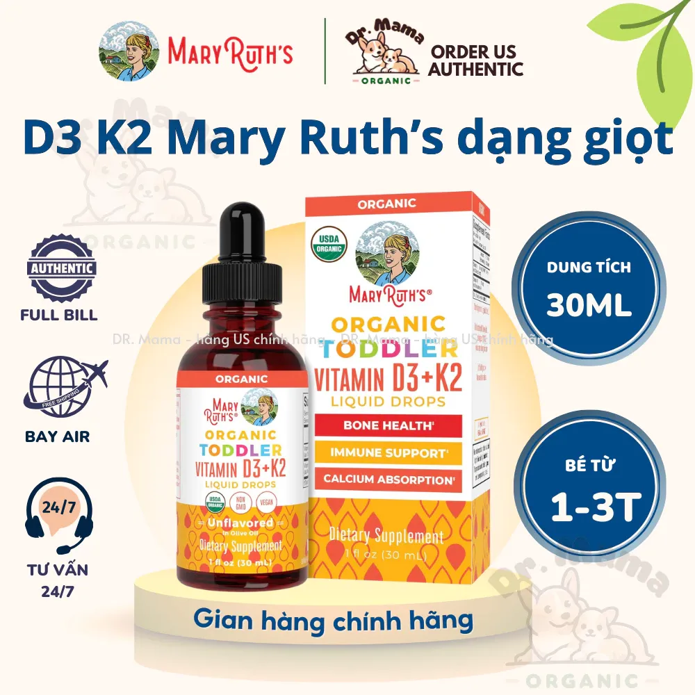 Vitamin D3 K2 Mary Ruth's Organic Drops Dạng Giọt - Giúp Bé Phát Triển Chiều Cao Tăng Đề Kháng, Chai 30ml
