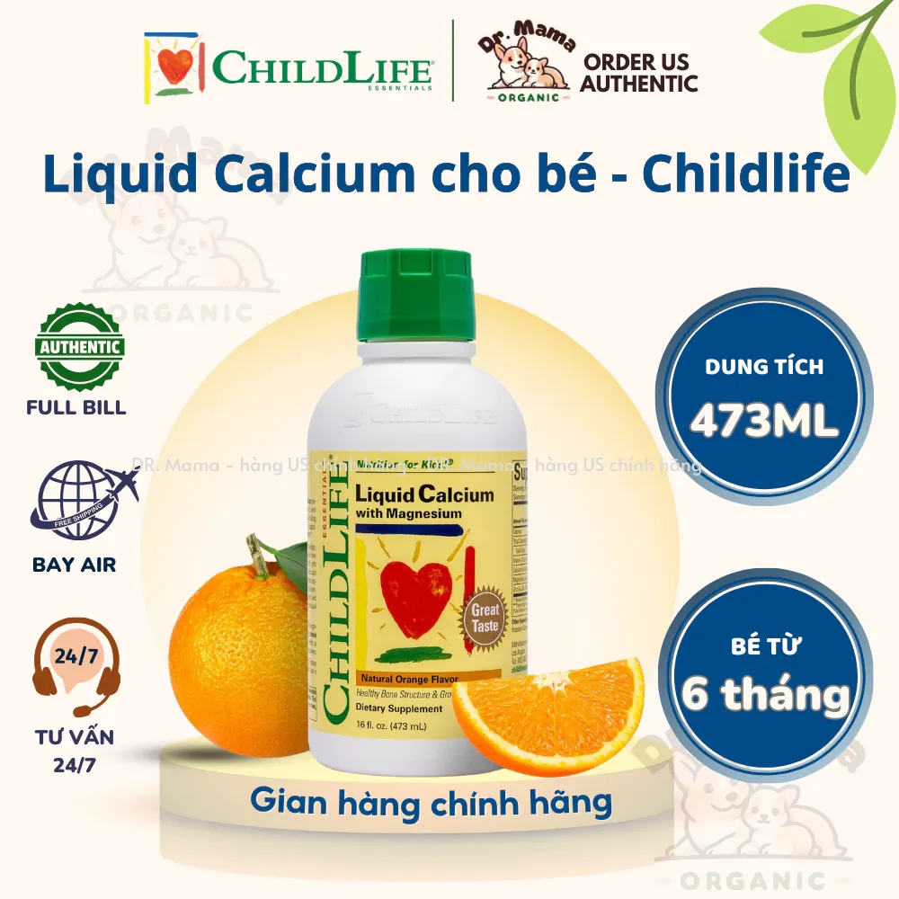 Liquid Calcium  Chidlife cung cấp canxi, magiê, kẽm và Vitamin D3 cho bé từ 6 tháng tuổi, chai 473ml