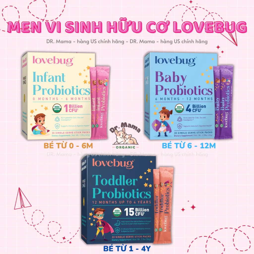 Men vi sinh Lovebug Mỹ - bổ sung lợi khuẩn, hỗ trợ tiêu hóa, đề kháng cho bé 0 - 4 tuổi dạng bột