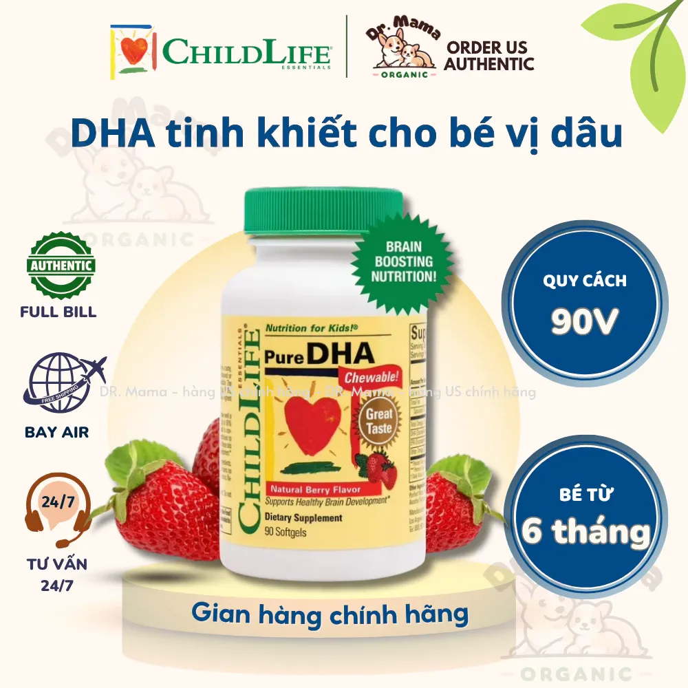 Pure DHA Childlife - DHA vị dâu cho bé từ 6 tháng tuổi, phát triển trí não, nhận thức